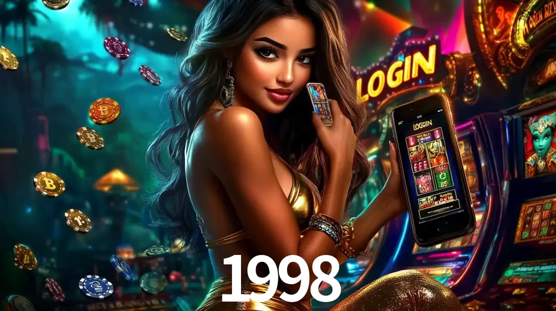 Mulher em um cenário de cassino temático de aventura, mostrando o app de caça-níqueis da 1998 no celular. Fichas de apostas flutuam ao redor.