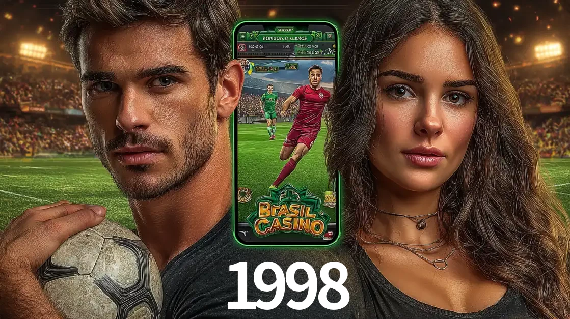 Homem segurando uma bola de futebol e uma mulher ao lado de um smartphone exibindo o jogo de apostas esportivas da 1998. Faça seu palpite no cassino online.